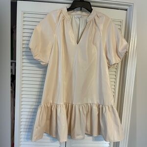Cream Faux Leather Puff Sleeve Dress